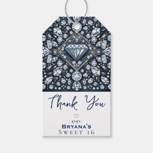 Denim & Diamonds Glam Bling Roze Verjaardagsfeestj Cadeaulabel (Voorkant)