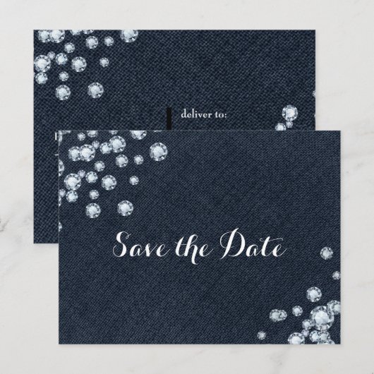 Denim & Diamonds Glam Feest Save the Date Aankondigingskaart (Voorkant / Achterkant)