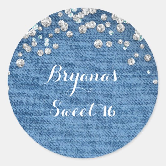 Denim & Diamonds Glam Gestrooide Bling Favor Ronde Sticker (Voorkant)