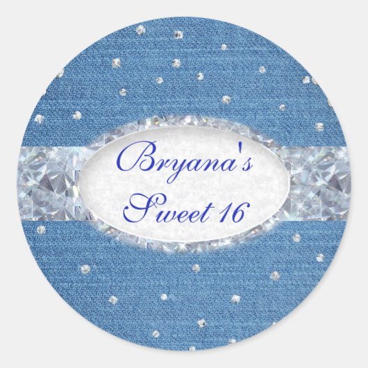 Denim & Diamonds Glam Gestrooide Bling Favor Ronde Sticker (Voorkant)