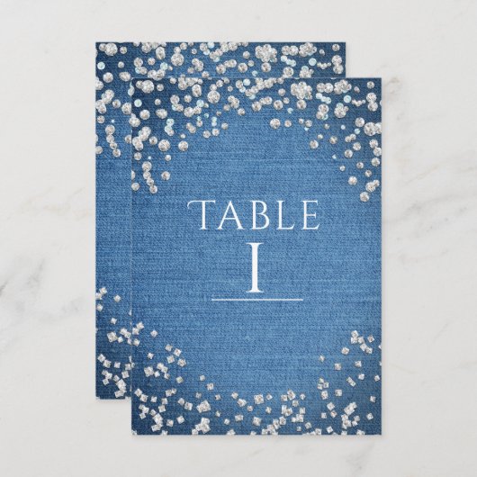Denim & Diamonds Glam Scattered Bling Table Number Kaart (Voorkant / Achterkant)