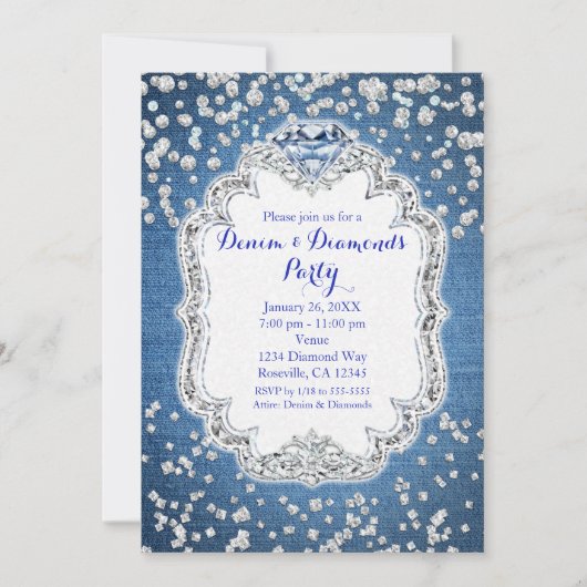 Denim & Diamonds Glam strooibleng uitnodigingen (Voorkant)