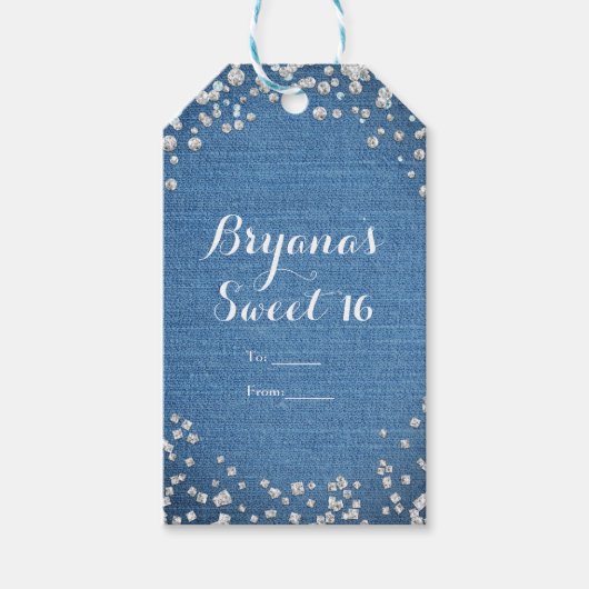 Denim & Diamonds Glam strooiblies feestartikel Cadeaulabel (Voorkant)