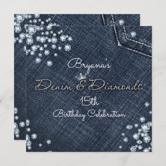Denim & Diamonds Glam Tiara Crown Party Invitation Kaart (Voorkant / Achterkant)