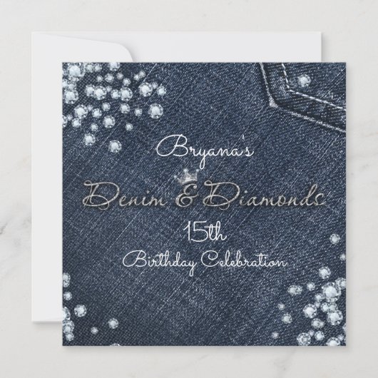 Denim & Diamonds Glam Tiara Crown Party Invitation Kaart (Voorkant)