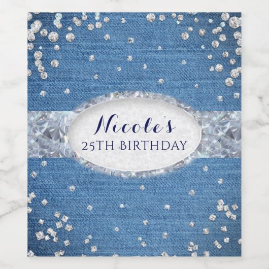 Denim & Diamonds Glam Verspreid Bling Wijn Etikett Etiket (Enkel label)