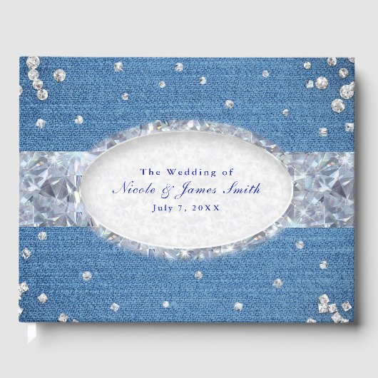 Denim & Diamonds Glam Verspreide Bling Bruiloft Gastenboek (Voorkant)