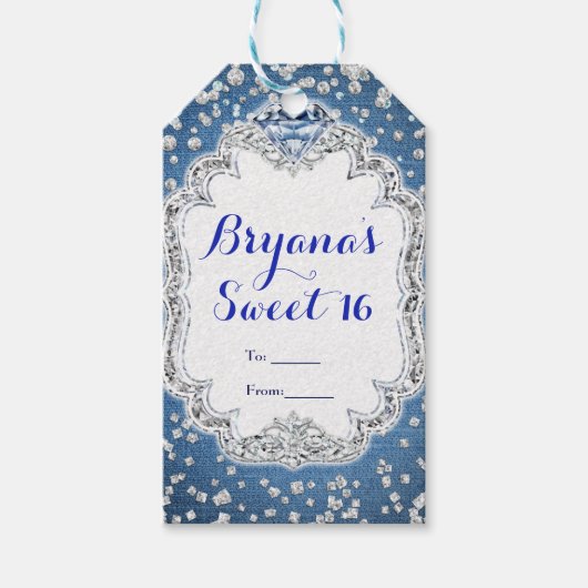 Denim & Diamonds Glam Verspreide Bling Party Favor Cadeaulabel (Voorkant)