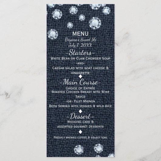 Denim & Diamonds Glamour Chic Evenementen Menu Car (Voorkant)
