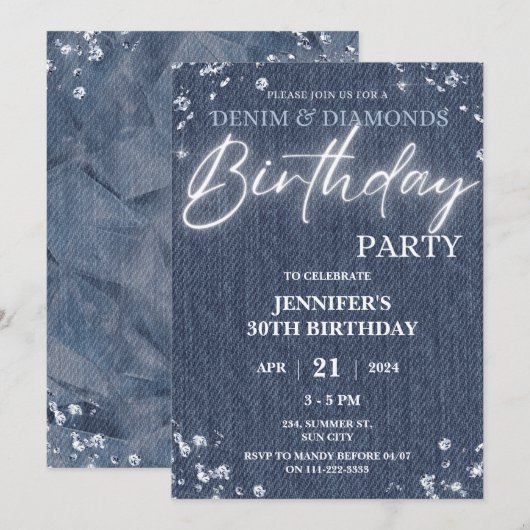Denim Diamonds Glitter Bling Elegante Verjaardag Kaart (Voorkant / Achterkant)