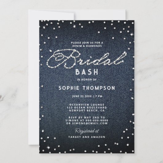 Denim Diamonds Glitter Blue Elegant Bridal Bash Kaart (Voorkant)
