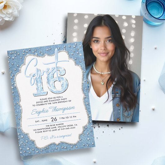Denim Diamonds Glitter Chic Lijst Foto Sweet 16 Kaart