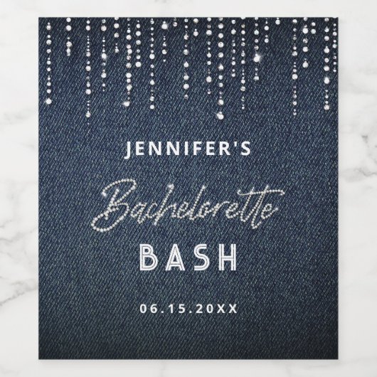 Denim Diamonds Glitter Drip Chic Navy Bachelorette Wijn Etiket (Enkel label)