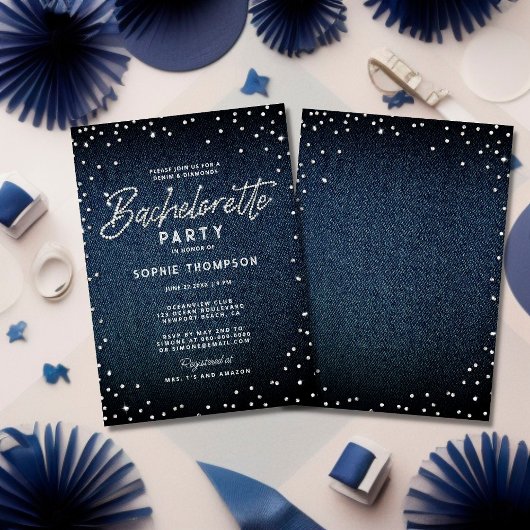 Denim Diamonds Glitter Elegant Bachelorette Party Kaart