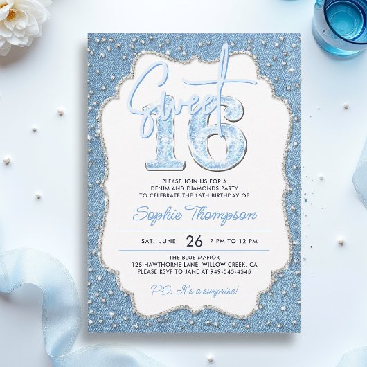 Denim Diamonds Glitter Elegant Frame Sweet 16 Kaart