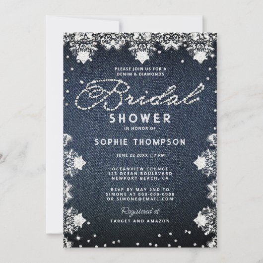 Denim Diamonds Glitter Kant Elegante Bruiloft Fees Kaart (Voorkant)