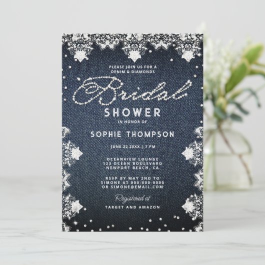 Denim Diamonds Glitter Kant Elegante Bruiloft Fees Kaart (Staand voorkant)