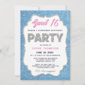 Denim Diamonds Glitter Lijst Sweet 16 Party Pink Kaart (Voorkant)