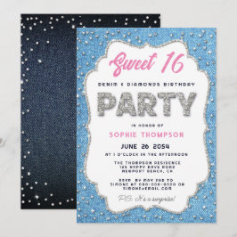 Denim Diamonds Glitter Lijst Sweet 16 Party Pink Kaart