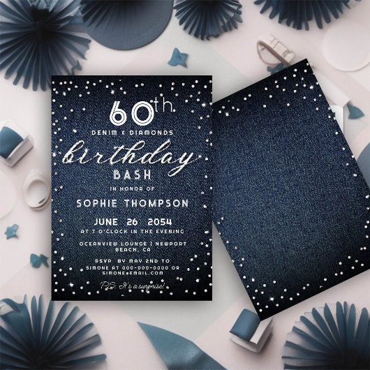 Denim Diamonds Glitter Modern 60th Birthday Party Kaart