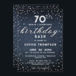 Denim Diamonds Glitter Modern 70th Birthday Party Kaart<br><div class="desc">Een eenvoudige,  moderne,  elegante en chic verjaardagsfeestelijke sjabloon met een blauwe denimachtergrond,  het woord BIRTHDAY bedekt in witte diamanten (gesimuleerd,  geen echte diamanten) en in modern kalligrafiekmanuscript,  en typografie in wit. Een chic 'denim and diamonds' design voor een vrouw op haar 70ste verjaardag!</div>