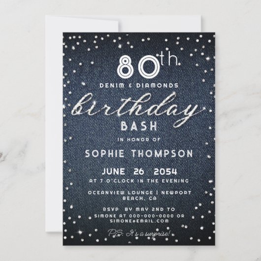 Denim Diamonds Glitter Modern 80th Birthday Party Kaart (Voorkant)