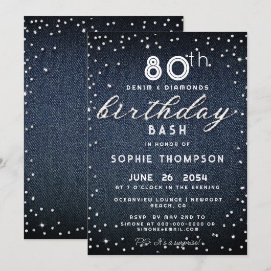 Denim Diamonds Glitter Modern 80th Birthday Party Kaart (Voorkant / Achterkant)