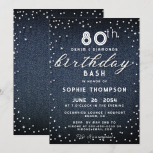 Denim Diamonds Glitter Modern 80th Birthday Party Kaart