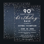 Denim Diamonds Glitter Modern 90th Birthday Party Kaart<br><div class="desc">Een eenvoudige,  moderne,  elegante en chic verjaardagsfeestelijke sjabloon met een blauwe denimachtergrond,  het woord BIRTHDAY bedekt in witte diamanten (gesimuleerd,  geen echte diamanten) en in modern kalligrafiekmanuscript,  en typografie in wit. Een chic "denim and diamonds"-ontwerp voor een vrouw op haar 90ste verjaardag!</div>