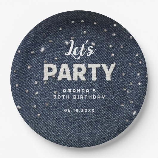 Denim Diamonds Glitter Rhinestone Chic Let's Party Papieren Bordje (Voorkant)