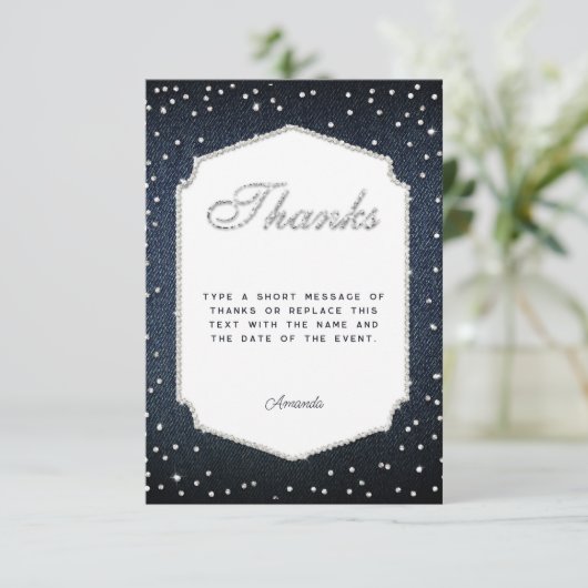 Denim Diamonds Glitter Rhinestones Frame Dank je Bedankkaart (Staand voorkant)