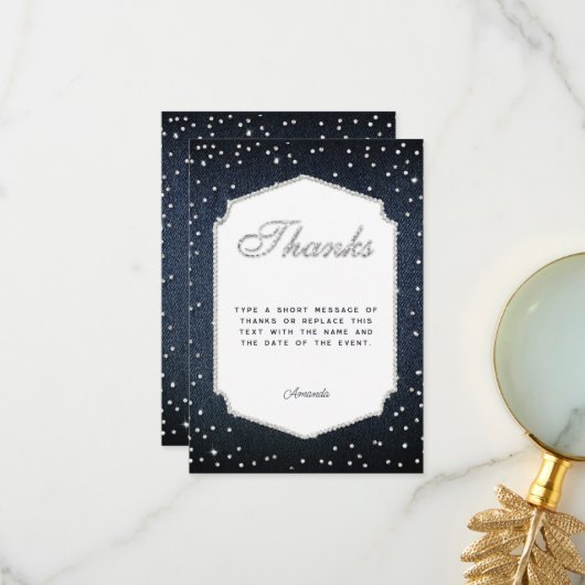 Denim Diamonds Glitter Rhinestones Lijst Dank u Bedankkaart (Voorkant / Achterkant in situ)