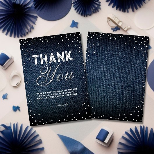 Denim Diamonds Glitter Rhinestones Navy Dank u Bedankkaart
