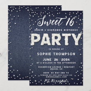 Denim Diamonds Glitter Sweet 16 Birthday Party Kaart