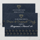 Denim & Diamonds Gold & Blue Glam Party Uitnodigin Kaart (Voorkant / Achterkant)