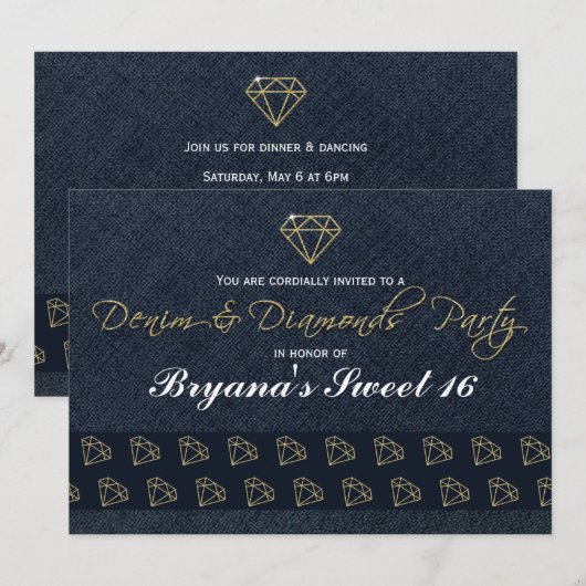 Denim & Diamonds Gold & Blue Glam Party Uitnodigin Kaart (Voorkant / Achterkant)