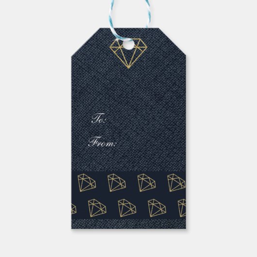 Denim & Diamonds Goud & Blauwe Glam Feest Cadeaulabel (Voorkant)
