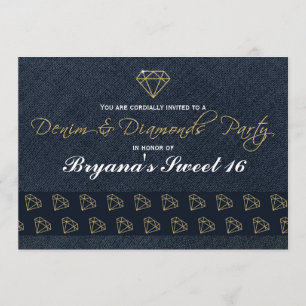 Denim & Diamonds Goud & Blauwe Glam Partij Uitnodi Kaart