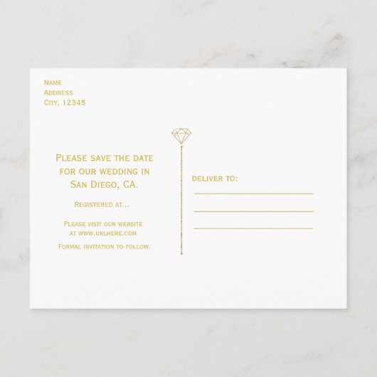 Denim & Diamonds Goud & Blauwe Glam Save The Date Aankondigingskaart (Achterkant)