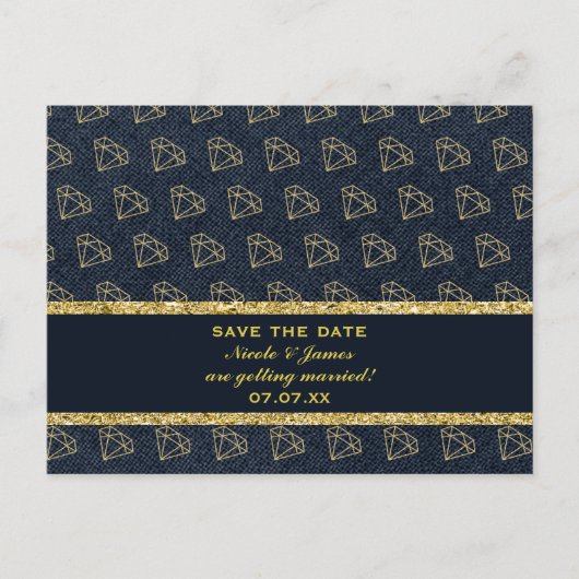 Denim & Diamonds Goud & Blauwe Glam Save The Date Aankondigingskaart (Voorkant)