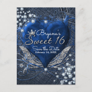 Denim & Diamonds Heart Sweet 16-feest save datum Aankondigingskaart