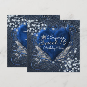 Denim & Diamonds Heart Sweet 16-feestuitnodigingen Kaart