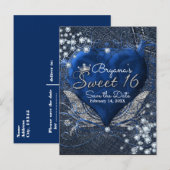 Denim & Diamonds Heart Sweet 16 Party Save Datum Aankondigingskaart (Voorkant / Achterkant)