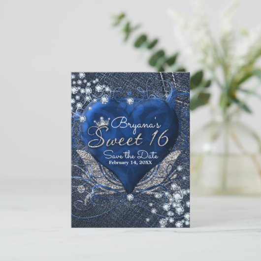 Denim & Diamonds Heart Sweet 16 Party Save Datum Aankondigingskaart (Staand voorkant)