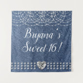 Denim & Diamonds Heart Verjaardagsfeest Backdrop Wandkleed (Voorkant)