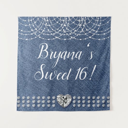 Denim & Diamonds Heart Verjaardagsfeest Backdrop Wandkleed (Voorkant)