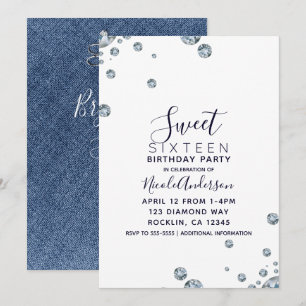 Denim & Diamonds Jean Birthday Sweet 16 Party Kaart