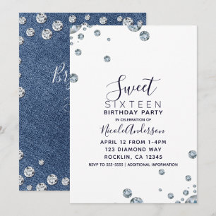 Denim & Diamonds Jean Birthday Sweet 16 Party Kaart