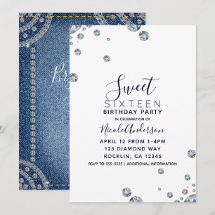 Denim & Diamonds Jean Birthday Sweet 16 Party Kaart