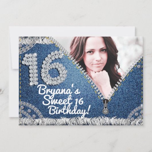 Denim & Diamonds Jean Zipper Sweet 16 Foto Party Kaart (Voorkant)